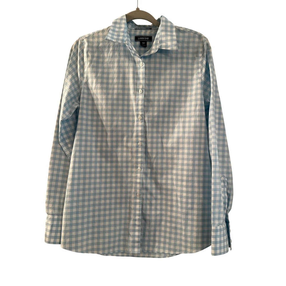 Land's End 100% Supima Cotton No Iron Button Front Shirt Blue Gingham Sz 10 Tall